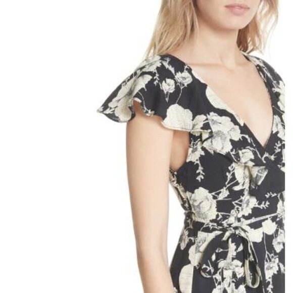 Free People Black Floral Boho Short Flutter Sleeve Wrap Mini Dress Sz S New - Picture 2 of 13
